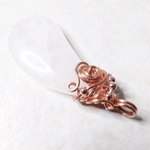 Wire Wrapped Rose Quartz Teardrop Pendant! Sexy + Opulent Copper Curlz & Swirls - Picture 1 of 10